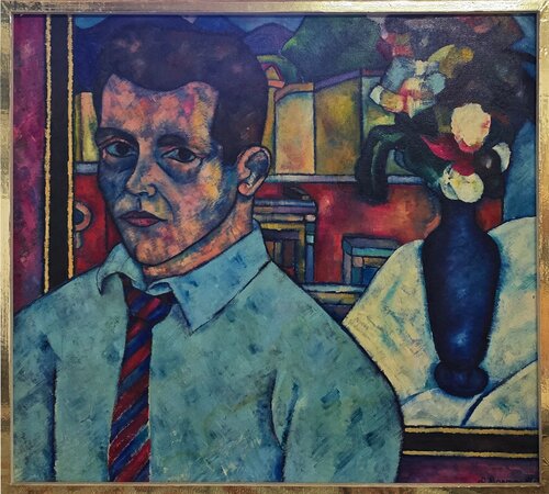 Portrait Masculin avec Nature Morte (Mi-siècle, Moderne, Portrait, Coloré, Vibrant) di Daniel Brennan, Pittura in vendita su Singulart
