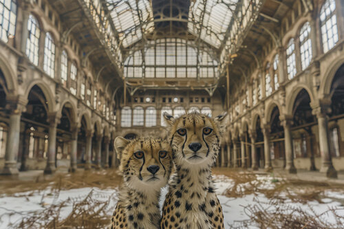 Cheetas in Wonderland - Belgique, Anvers, Bourse du commerce abandonnée, 2046 - (Papier Hahnemühle FineArt Pearl, 285g/m2). di Francis Meslet, Digitale in vendita su Singulart