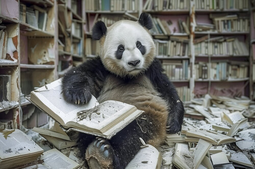 Curiosity Killed The Panda Bear , Abandoned Library, USA 2046 - (Papier Hahnemühle FineArt Pearl, 285g/m2). von Francis Meslet, Digital kaufen auf Singulart