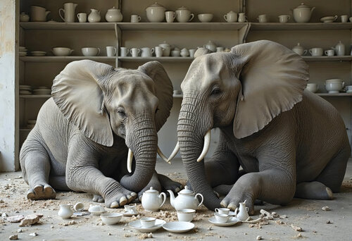Elephant Tea Time - (Papier Hahnemühle FineArt Pearl, 285g/m2). van Francis Meslet, Digitaal te koop op Singulart