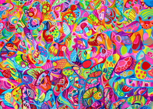 260. Vibrant psychedelic colorful composition with a pink neon light. di Veera Zukova, Pittura in vendita su Singulart