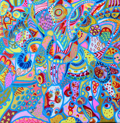 312. Lulu: A Kaleidoscope of Vibrant Whimsy par Veera Zukova, Peinture en vente sur Singulart