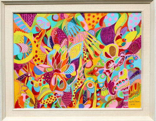 299. Box with flowers: A Luminous Garden of Color and Imagination par Veera Zukova, Peinture en vente sur Singulart