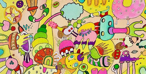 614. Cute Colorful Abstract Wonderland - Sweet Outlined Shapes di Veera Zukova, Pittura in vendita su Singulart