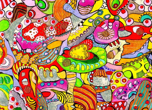 613. Subconscious psychedelic colorful abstract doodles Opossum. van Veera Zukova, Schilderij te koop op Singulart