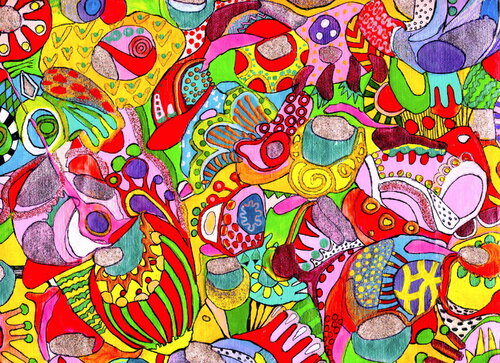 612. Colorful Abstract Doodle Canvas Caramello van Veera Zukova, Schilderij te koop op Singulart