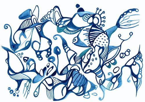 147. Fantasy: prussian blue watercolor and cobalt chrome turquoise van Veera Zukova, Schilderij te koop op Singulart