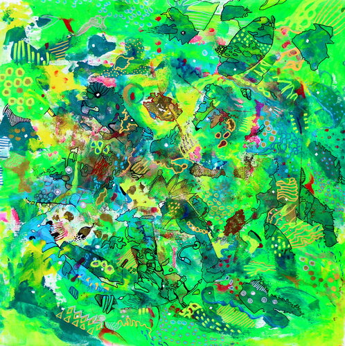 659. Emerald Vibrant Abstract Expressionism: Green Harmony with Intricate Patterns par Veera Zukova, Peinture en vente sur Singulart