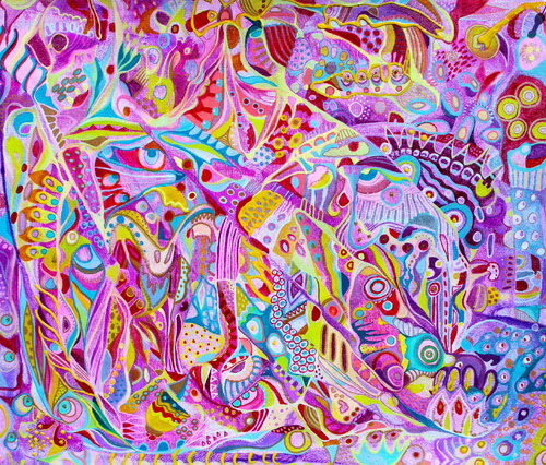 673. Colorful Abstract Mixed Media Art. Vibrant Dreamscape on Canvas par Veera Zukova, Peinture en vente sur Singulart