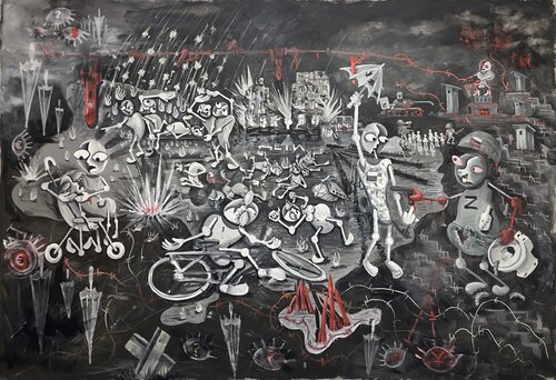 Bucha Massacre: War Happens When Money Becomes God di Mykola Babiy, Pittura in vendita su Singulart