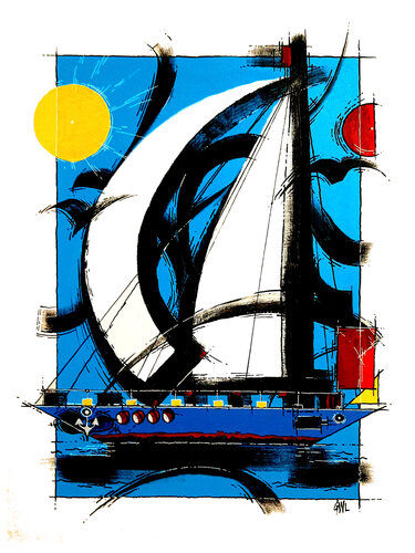 Bateau bleu di Guy Wilga Lerat, Pittura in vendita su Singulart