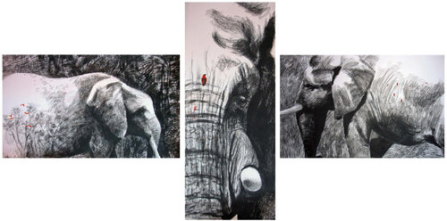 Triptyque aux éléphants von -- DEYRMON, Zeichnungen kaufen auf Singulart