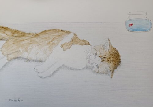cat and goldfish von Ryohei Kubo, Malerei kaufen auf Singulart