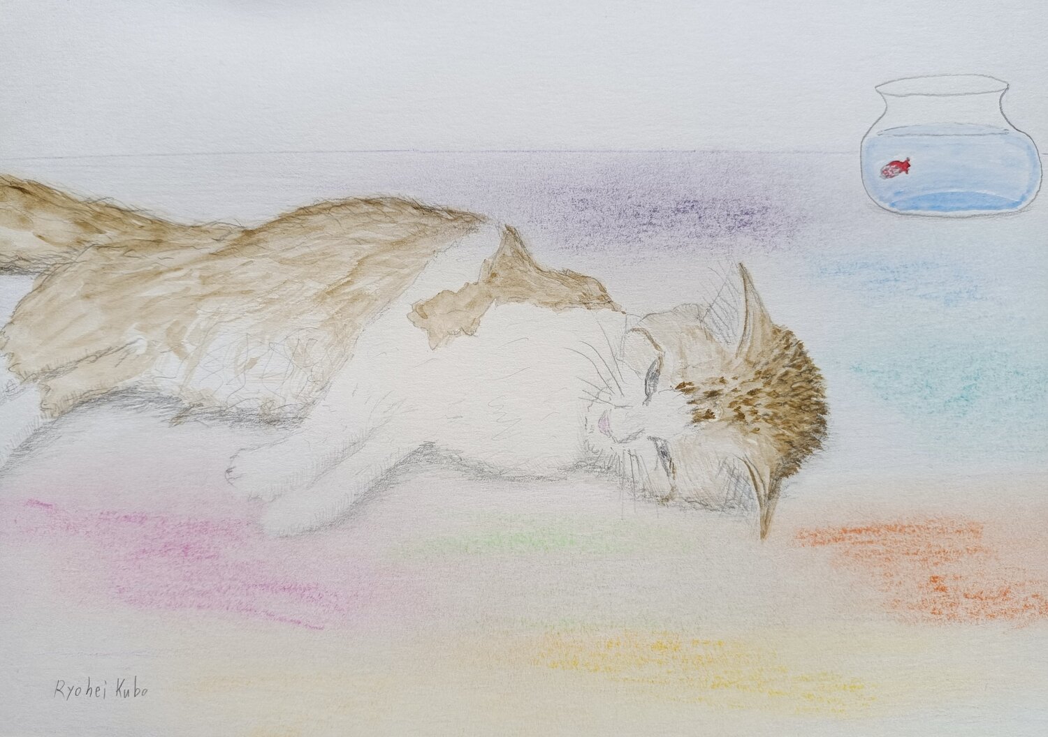 cat and goldfish Ryohei Kubo Pintura original en venta