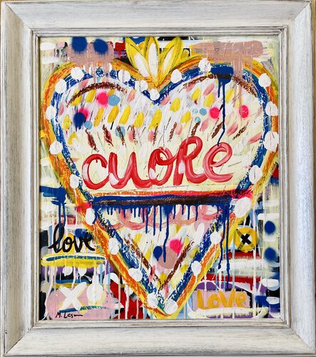 White Cuore. With vintage wooden frame. par Mercedes Lagunas, Peinture en vente sur Singulart