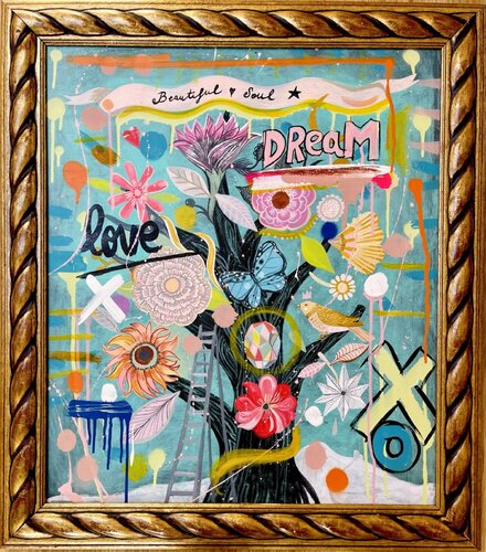 Love your Dream. With vintage golden wood frame. Mercedes Lagunas
