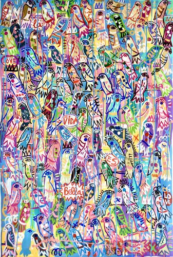 No social distancing for birds di Mercedes Lagunas, Pittura in vendita su Singulart