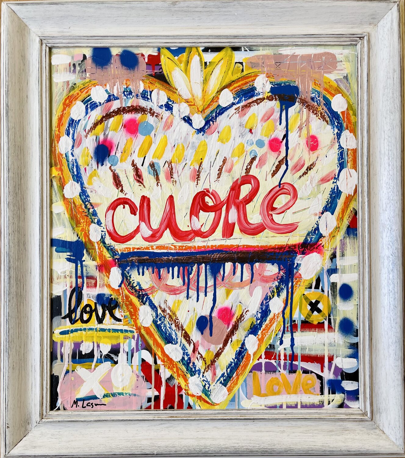 White Cuore. With vintage wooden frame. Mercedes Lagunas Originalgemälde zu verkaufen