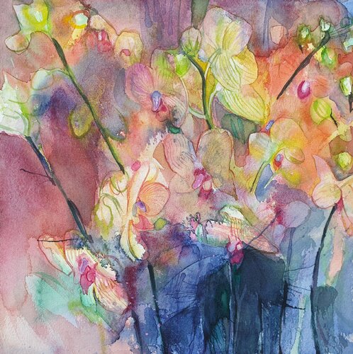 Peach Оrchids van Olga Brink, Schilderij te koop op Singulart