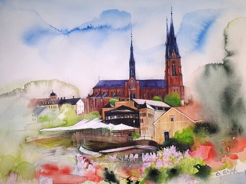 Uppsala Cathedral. View from the bridge van Olga Brink, Schilderij te koop op Singulart
