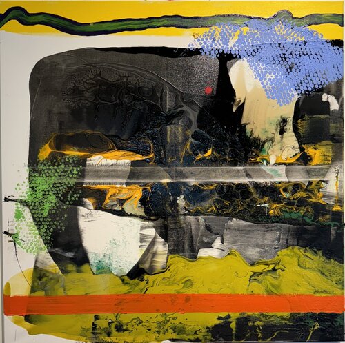 Strokes green, yellow, black, orange. van David Utzon, Schilderij te koop op Singulart