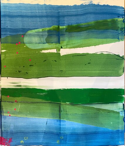 Strokes green, blue, pink dots.3 van David Utzon, Schilderij te koop op Singulart