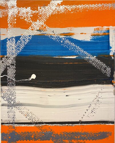 Strokes - blue, orange, silver dots. 3 van David Utzon, Schilderij te koop op Singulart