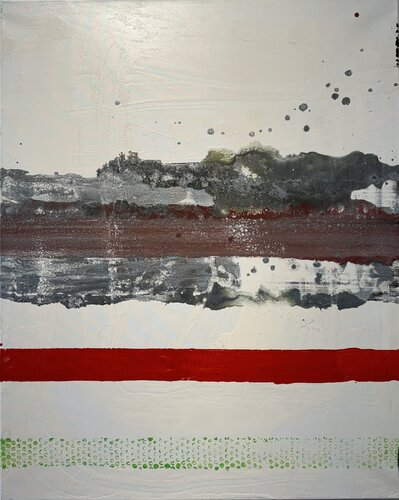 Strokes - white, red, silver 2 di David Utzon, Pittura in vendita su Singulart