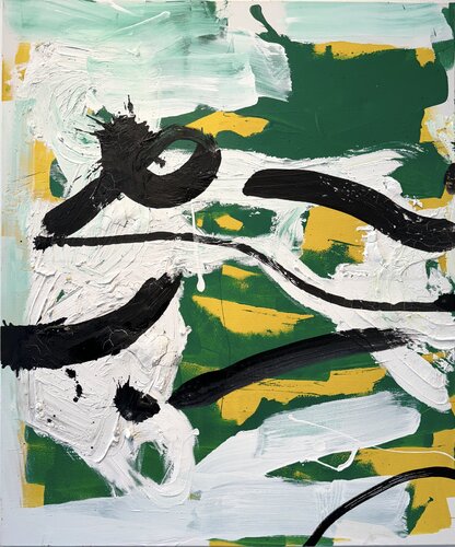 Strokes - on canvas - green, yellow, black ink. 1 van David Utzon, Schilderij te koop op Singulart