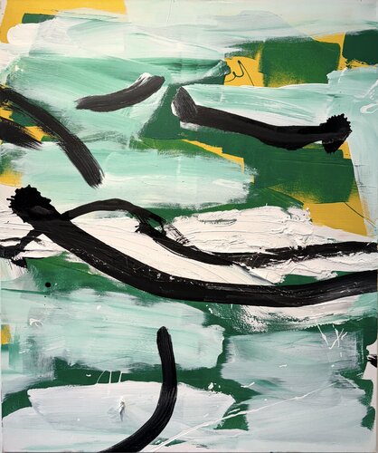 strokes - on canvas - green, yellow, black ink. 3 van David Utzon, Schilderij te koop op Singulart