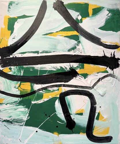 strokes - on canvas - green, yellow, black ink. 4 van David Utzon, Schilderij te koop op Singulart