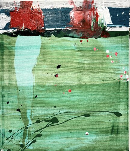 Strokes - on canvas - green, white, red, black, ink 2. van David Utzon, Schilderij te koop op Singulart