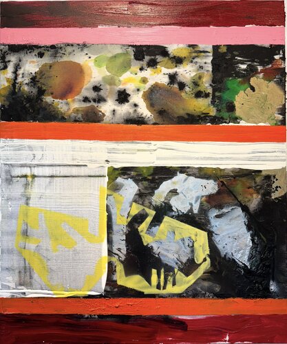 Strokes - on canvas - green, white, red, black, ink 2. van David Utzon, Schilderij te koop op Singulart