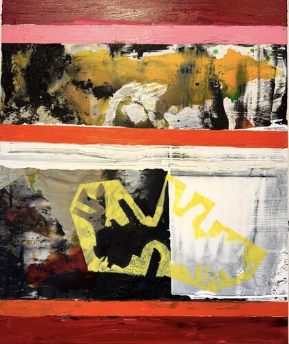 Strokes - on canvas - green, white, red, black, ink 1. van David Utzon, Schilderij te koop op Singulart