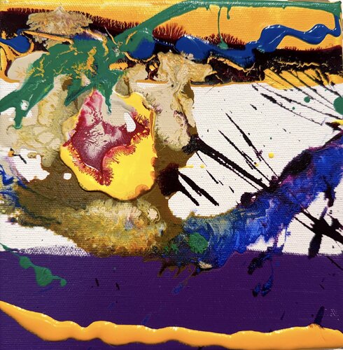 Strokes small, yellow purple blue 3 van David Utzon, Schilderij te koop op Singulart