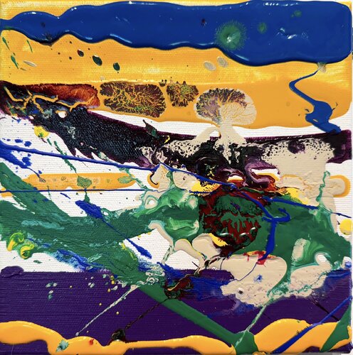 Strokes small, yellow purple blue 6 van David Utzon, Schilderij te koop op Singulart
