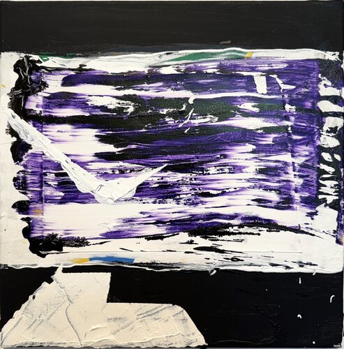 Strokes - untitled small white, black, purple 3 van David Utzon, Schilderij te koop op Singulart