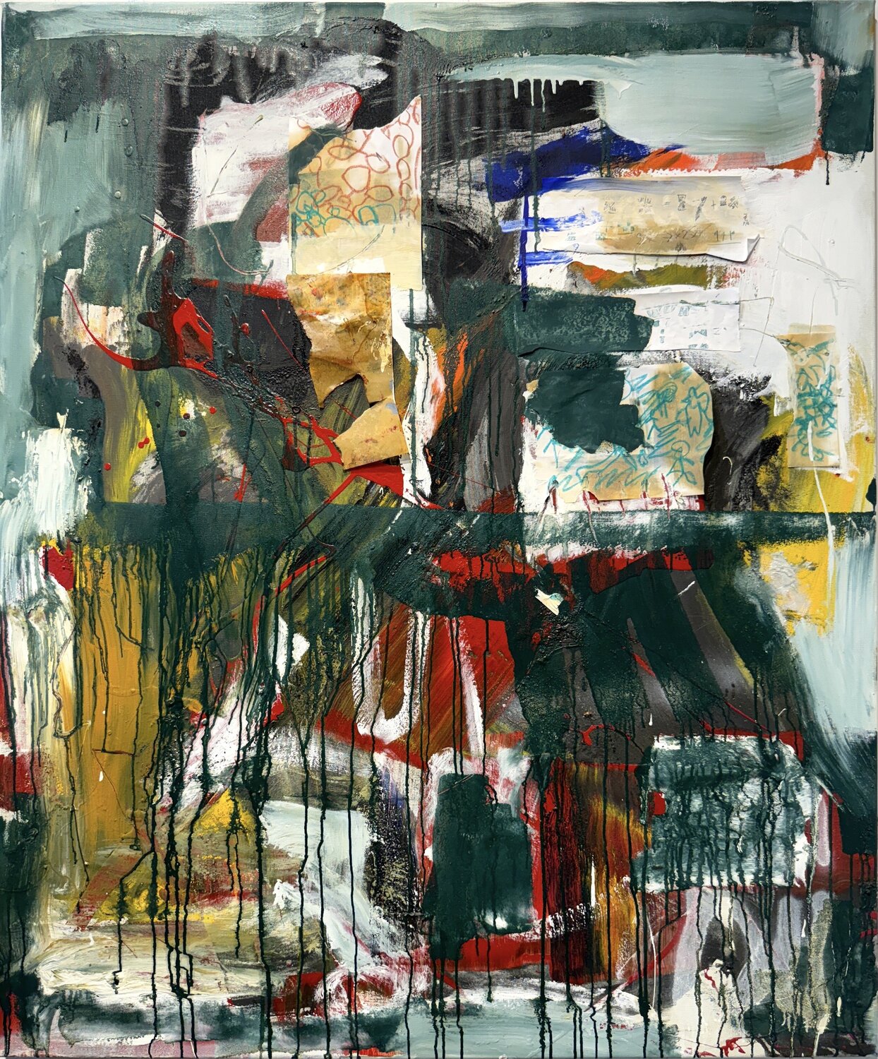 Untitled - collage/painting - on canvas - red, green, yellow, collage David Utzon Originalgemälde zu verkaufen