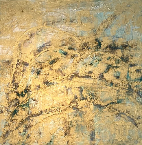 Harmony Abstraktes Bild 100x100 cm Acryl Grün Gold van Exclusive Arts, Schilderij te koop op Singulart