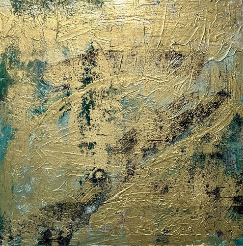 Harmony Abstraktes Bild 50x50 cm Acryl Grün Gold van Exclusive Arts, Schilderij te koop op Singulart