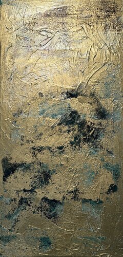 Harmony Abstraktes Bild 60x30 cm Acryl Grün Gold van Exclusive Arts, Schilderij te koop op Singulart