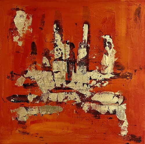 Gold Orange abstract art, canvas painting, gold wall art, textured canvas, modern decor, abstract painting, gold crack lines, black gold art, contemporary art, wall art decor, abstract canvas art, interior art van Exclusive Arts, Schilderij te koop op Singulart