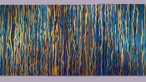Abstraktes Triptychon „Goldene Ströme“ – Set aus drei Gemälden in Blau-, Gold- und Bronzetönen by Exclusive Arts, Painting for Sale on Singulart