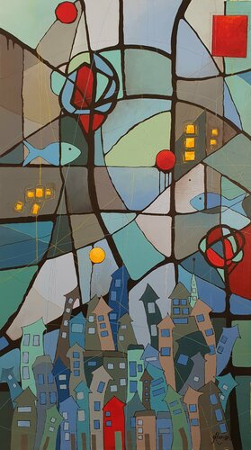 Blue Fish of Cities and Dreams - The Red House by Karnish Art, Painting for Sale on Singulart