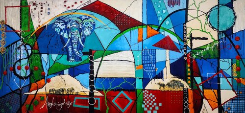 Prosperous One - Extra Large Artwork African Elephant de Karnish Art, Pintura a la venta en Singulart