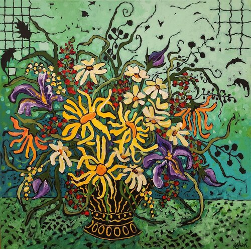 Pot of Gold - Floral Bouquet in Vase with Gold di Karnish Art, Pittura in vendita su Singulart