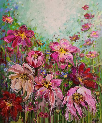 Bountiful Blooms - Large Floral Artwork van Karnish Art, Schilderij te koop op Singulart