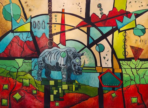 Symbol of Strength - Large Bold Rhino  Africa by Karnish Art, Painting for Sale on Singulart