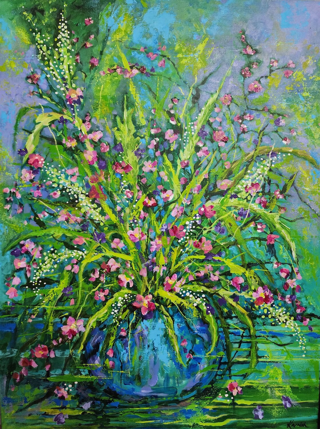Bloom-time in Pot of Blues Karnish Art Originalgemälde zu verkaufen