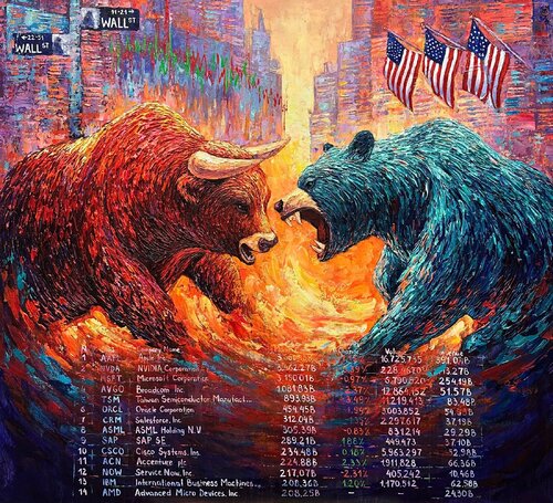 Market Titans: The Eternal Battle van Anna Clark, Schilderij te koop op Singulart